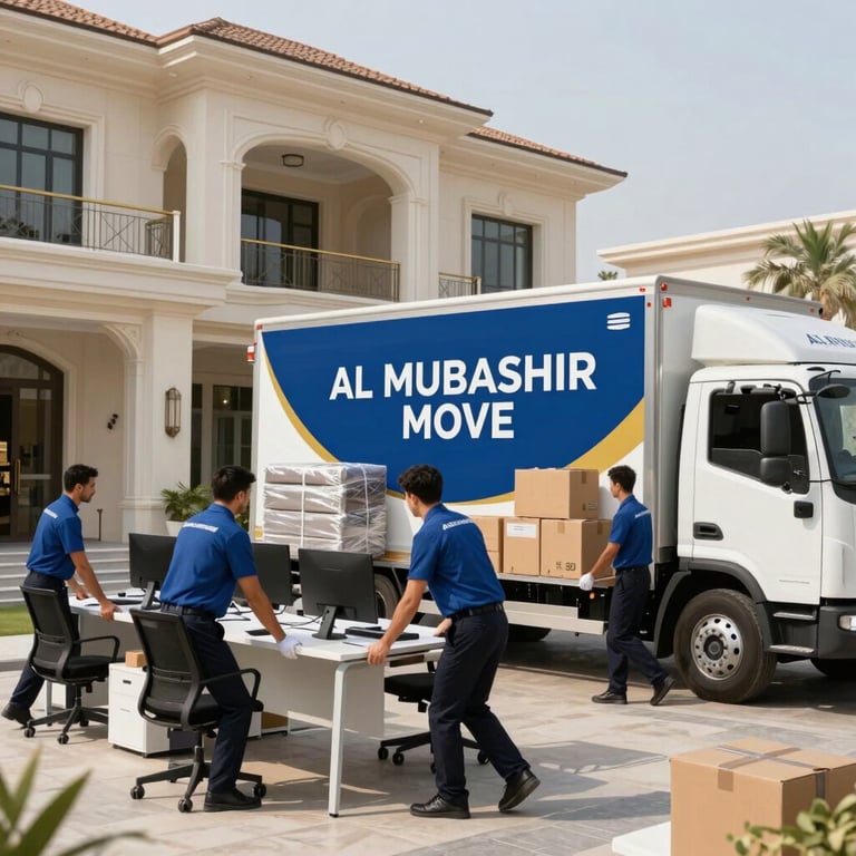 Two movers wearing slate gray uniforms carefully transporting a wrapped sofa in a modern villa hallway in Middle Eastern / Gulf (Abu Dhabi, UAE).
