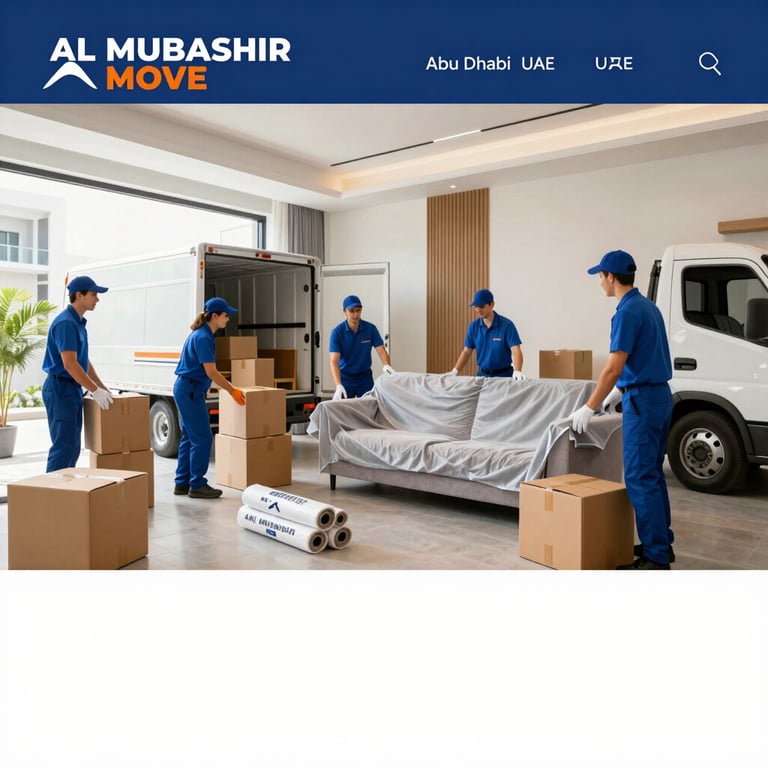A mover in uniform loading cardboard storage boxes into the back of a clean truck on a sunny morning in Middle Eastern / Gulf (Abu Dhabi, UAE).