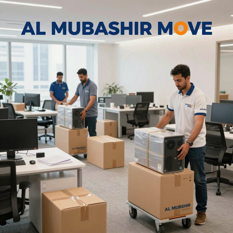Two professional movers carefully wrapping furniture items in protective film inside a modern villa in Middle Eastern / Gulf (Abu Dhabi, UAE).