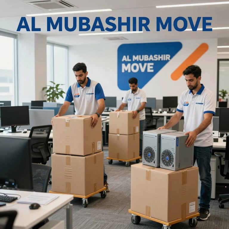 Relocation team unloading furniture items outside a modern villa driveway in Middle Eastern / Gulf (Abu Dhabi, UAE).
