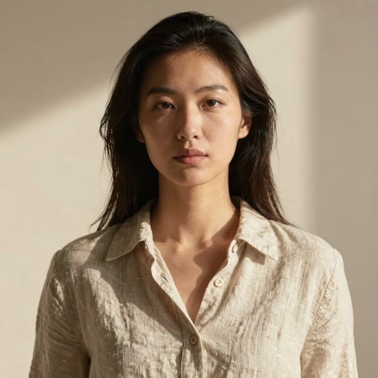A quiet portrait of a female interior stylist in a linen shirt, low-contrast natural side light, warm cream background.