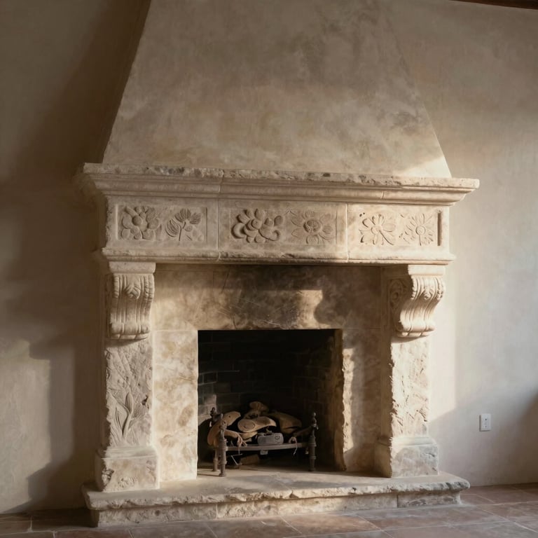 An architectural vignette of a hand-carved stone fireplace hearth meeting a raw plaster wall, soft diffused late afternoon light casting gentle shadows.