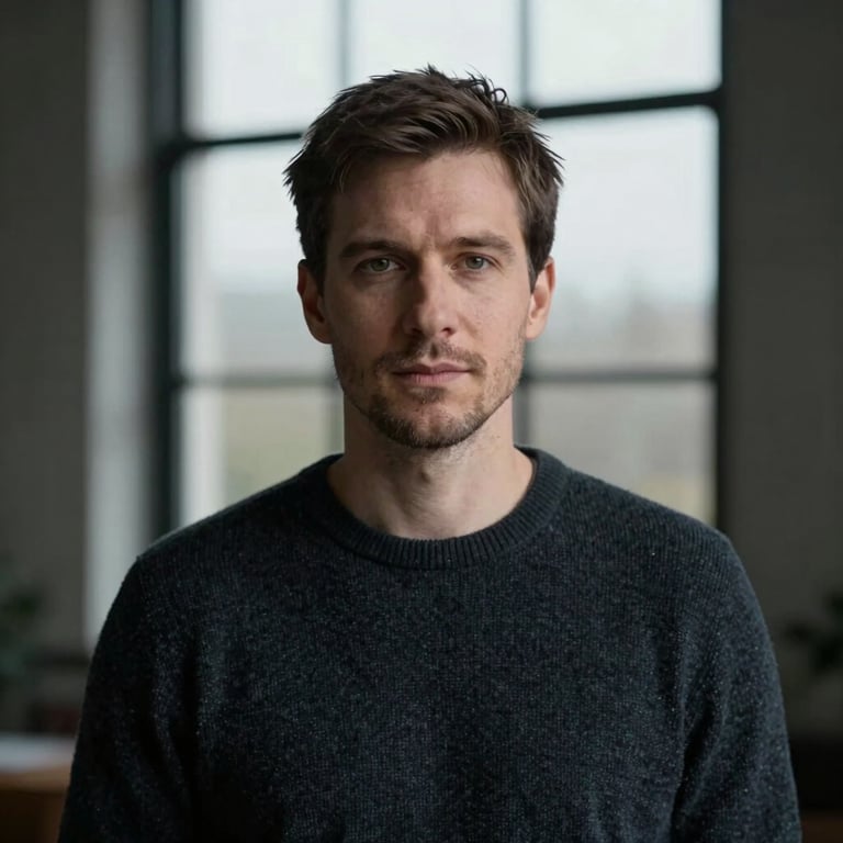 A quiet portrait of a male design director in a dark wool sweater, soft overcast window light, muted charcoal background.