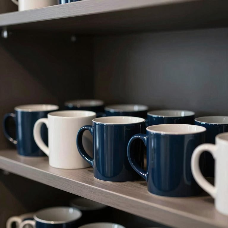 A collection of branded ceramic mugs in dark blue and white, arranged on a modern office shelf.