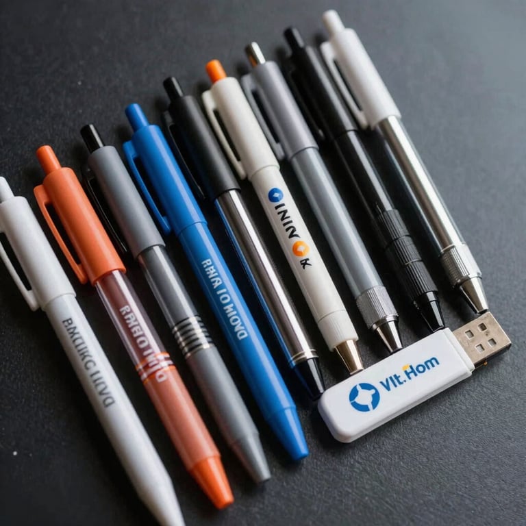 Row of customized colorful pens and USB sticks with a corporate logo, sharp focus, clean lighting.