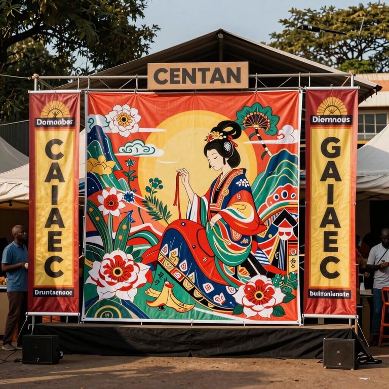 An outdoor event scene in a Central African city with a large, vibrant kakemono and banners professionally printed.