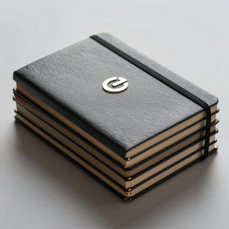 A stack of premium notebooks with a metallic logo on the cover, professional photography on a light grey background.