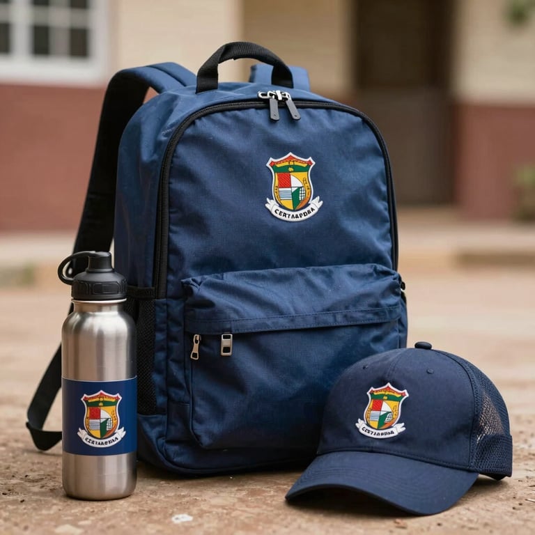 A school kit including a backpack, water bottle, and cap, all matching with a school's emblem in Central Africa.