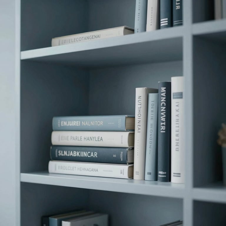 A clean, minimalist bookshelf in a German studio, symbolizing knowledge and project management, Soft Blue-Grey color palette.