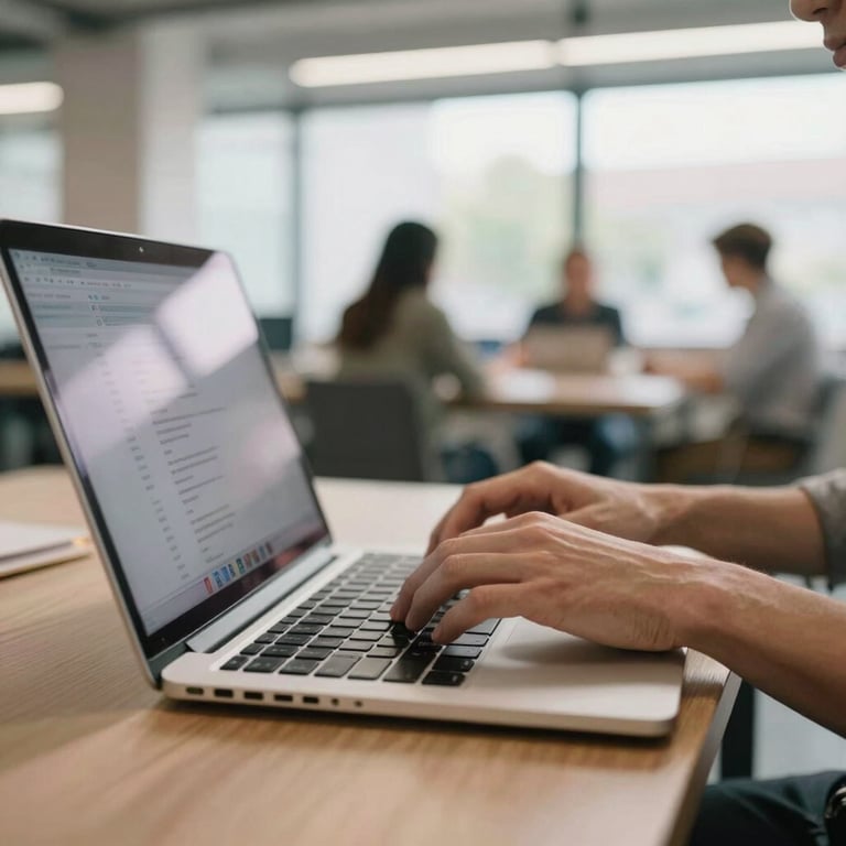 Hands of a professional working on a laptop in a bright Central European co-working space, soft natural lighting.