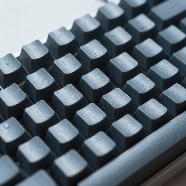 Macro photography of a mechanical keyboard in a modern German office, focusing on the texture of the keys, Dark Slate Grey and Soft Blue-Grey lighting.