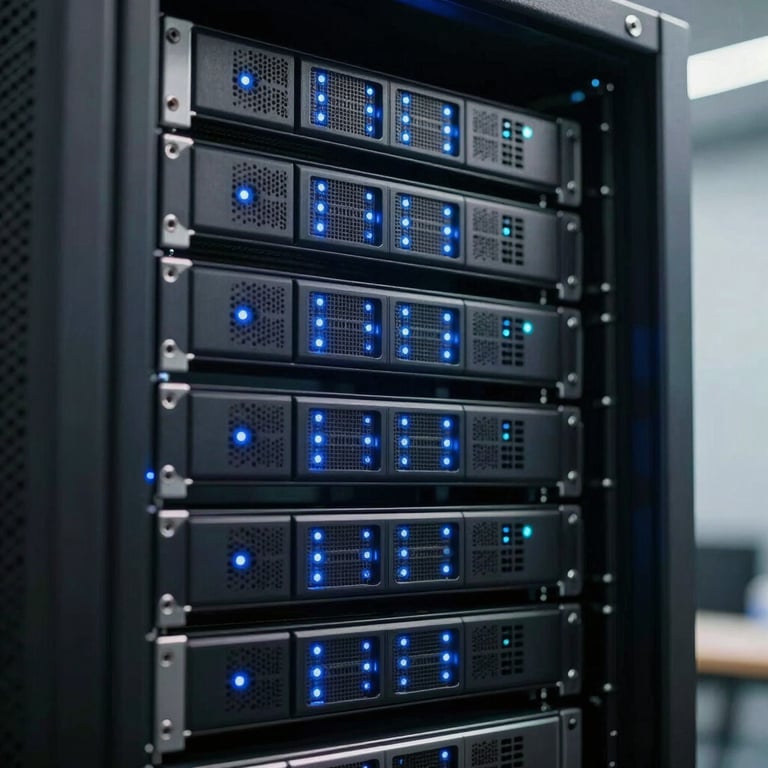 A close-up of a server rack with small glowing blue lights, representing digital storage and organization, professional atmosphere.