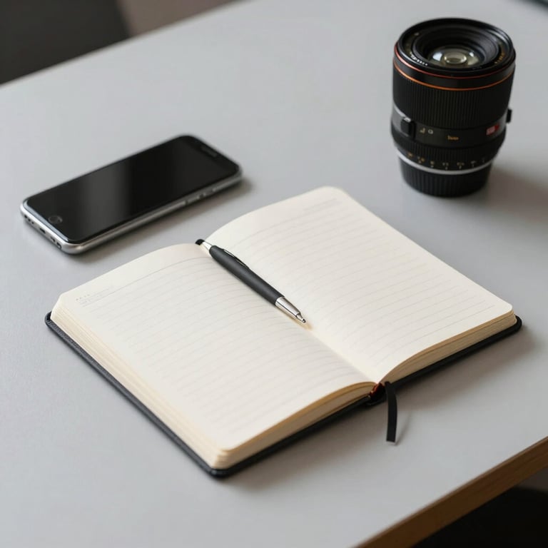 A tidy desk with a smartphone and a notebook in a Central European setting, professional and organized aesthetic, Very Light Grey background.