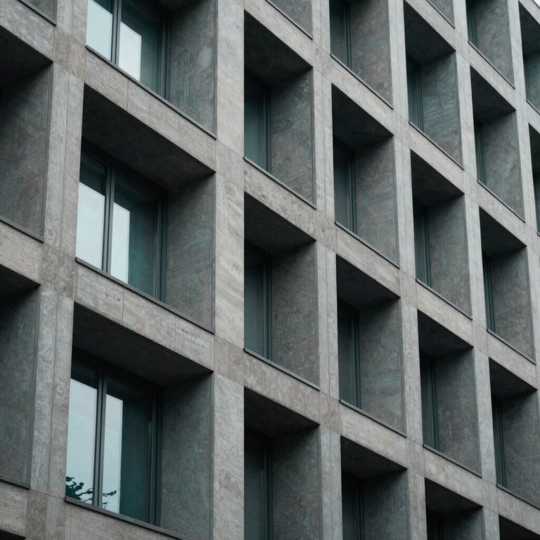 Abstract architectural lines of a contemporary building in Berlin, emphasizing clarity and structure, Muted Teal and Charcoal tones.