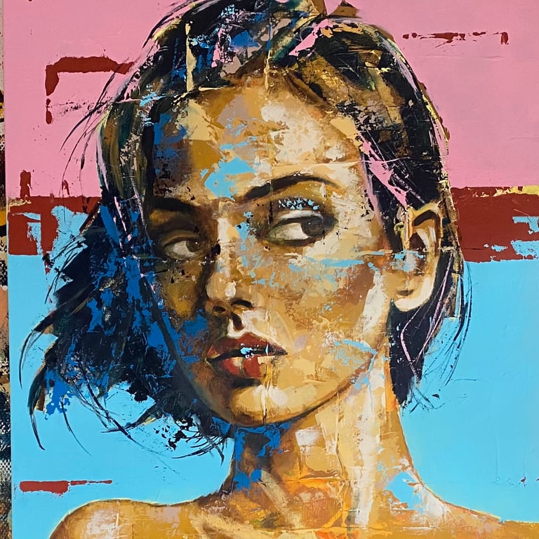 vrouw blauw/rose 100 x100 cm.