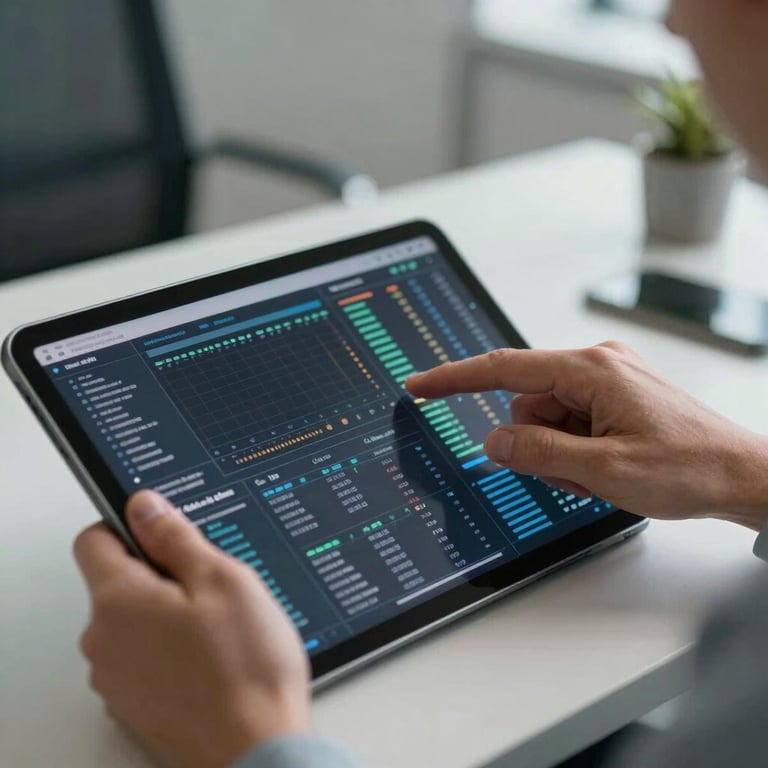 Professional hands interacting with a high-tech tablet displaying complex data patterns in a sophisticated, soft-lit office.