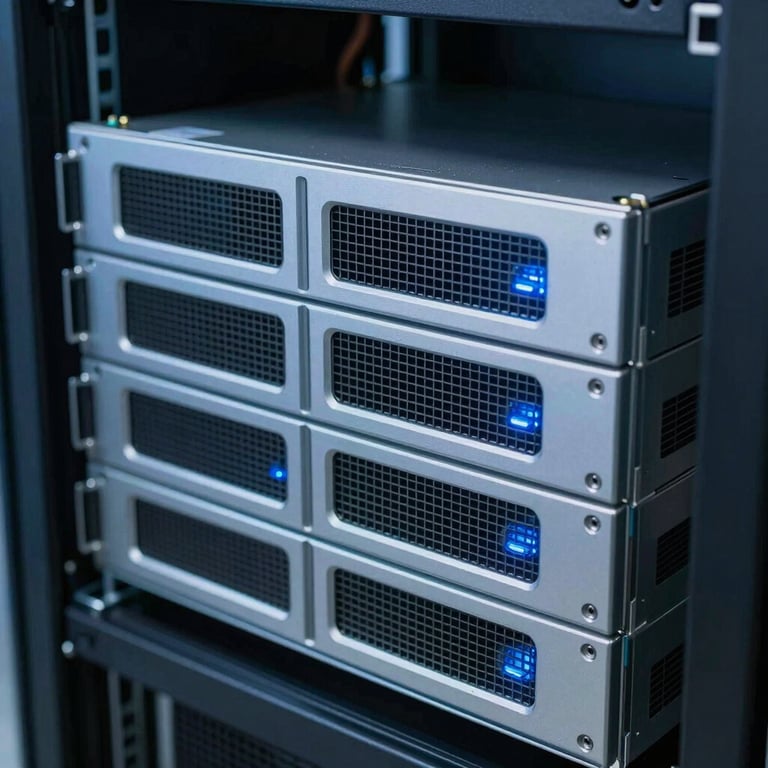 A close-up of high-end server technology in a data center, glowing with soft steel blue light in a clean, professional environment.