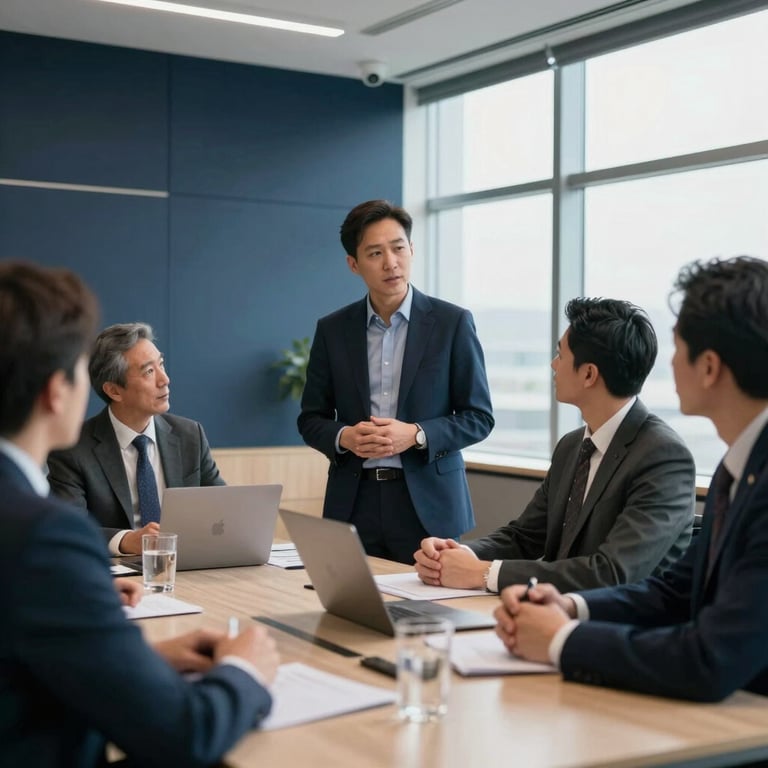 A North American / US corporate professional leading a data strategy session in a brightly lit, modern office with deep navy accents.