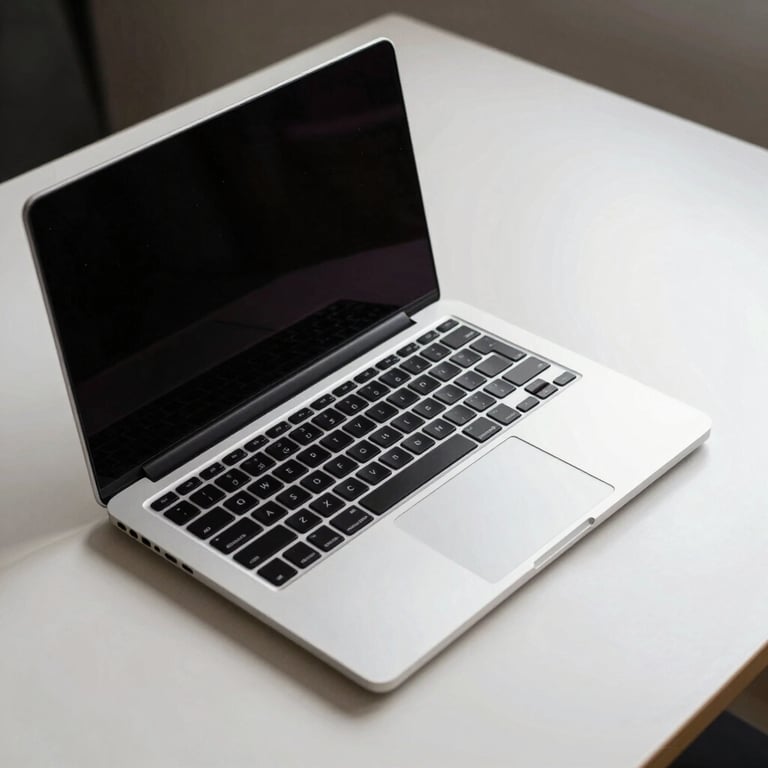 A minimalist, high-angle shot of a sleek modern laptop on an off-white desk, symbolizing clarity and intelligent design.