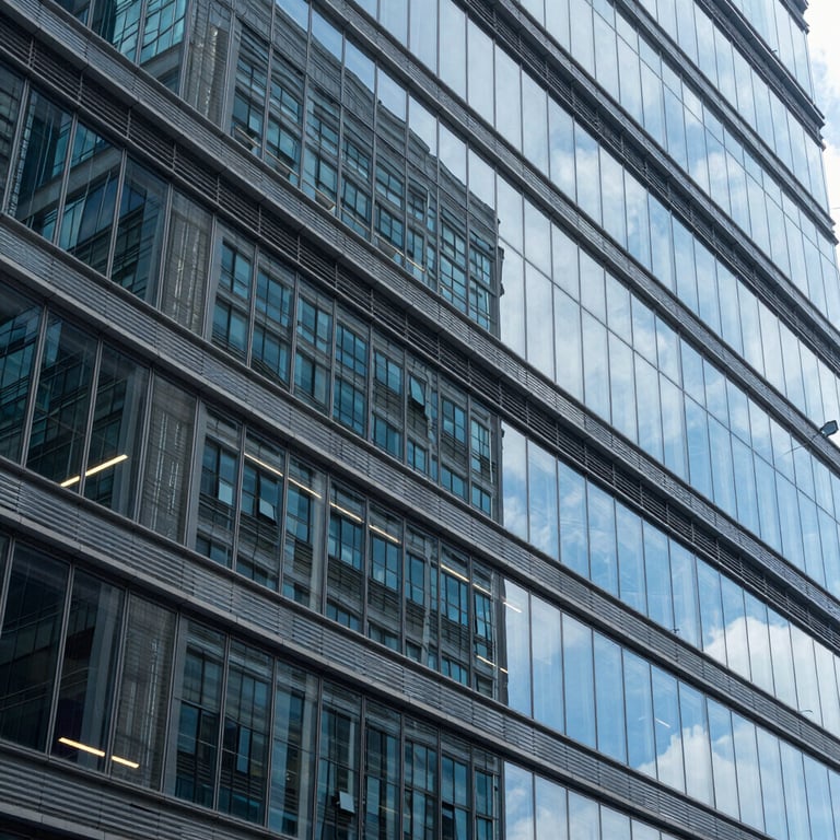An abstract architectural shot of a modern tech headquarters in a North American / US city, emphasizing glass and steel blue tones.