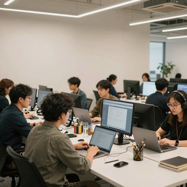 A collaborative team of professionals in a North American / US tech hub, working in a space designed with off-white and soft gold tones.