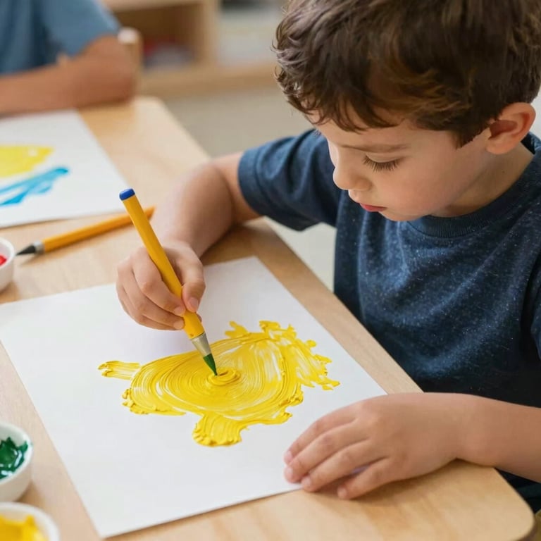 A child in a North American / US preschool joyfully painting with bright yellow tempera on white paper.