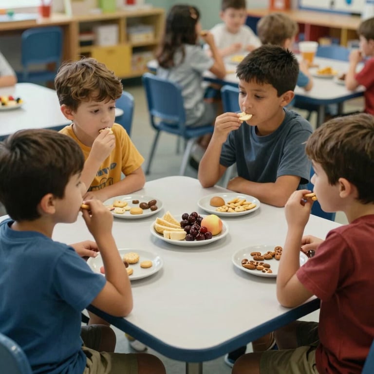 Children at a North American / US preschool eating healthy snacks together at small white tables.