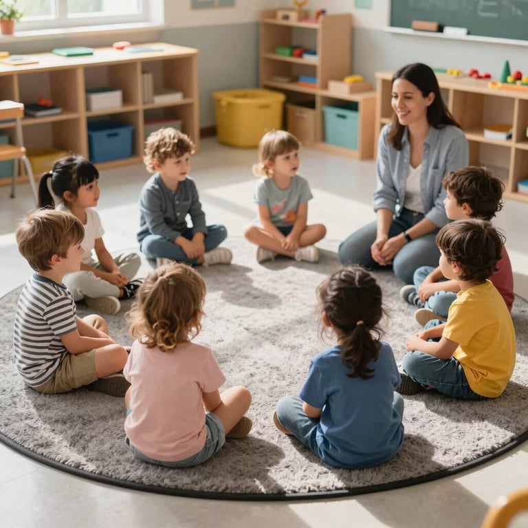 Group of toddlers sitting on a grey circular rug during circle time with a teacher in a sunny US classroom.