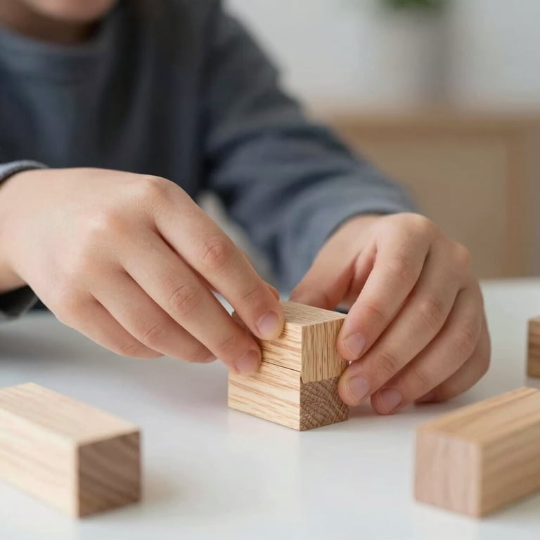 Close-up of a child's hands organizing wooden blocks on a white table, shallow depth of field, natural light.