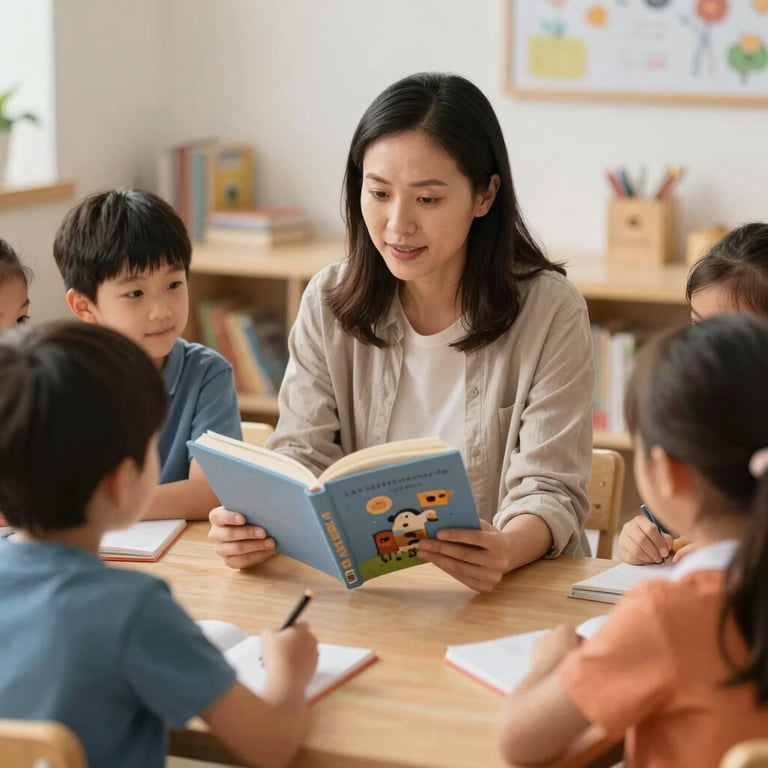 Candid shot of a teacher reading a storybook to an engaged group of preschoolers, soft and nurturing vibe.