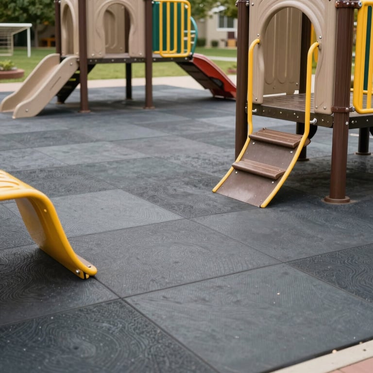 Outdoor play area at a North American / US preschool with grey safety padding and yellow playground equipment.