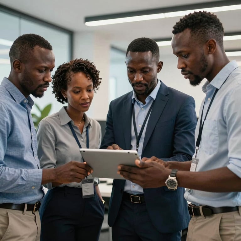 A team of diverse professionals collaborating around a tablet in a high-tech office environment in Sub-Saharan Africa.