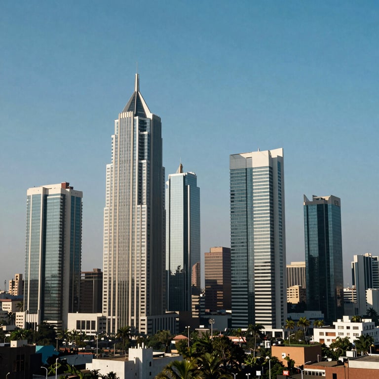 A wide shot of a contemporary skyscraper skyline in a major Sub-Saharan Africa financial center under a clear blue sky, symbolizing strategic growth.