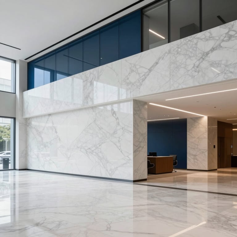 A minimalist, high-end office lobby with white marble and medium blue accents, reflecting a professional and modern atmosphere.