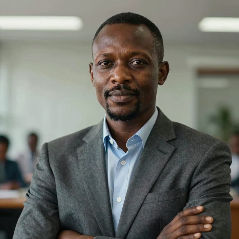 Close-up of a confident professional in business attire in an office in Sub-Saharan Africa, representing trust and reliability.