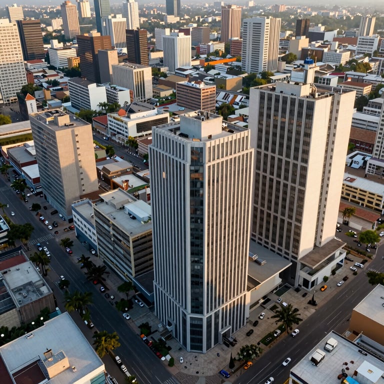 An aerial view of a bustling Pan-African urban commercial district at sunrise, featuring modern architecture and clean lines.