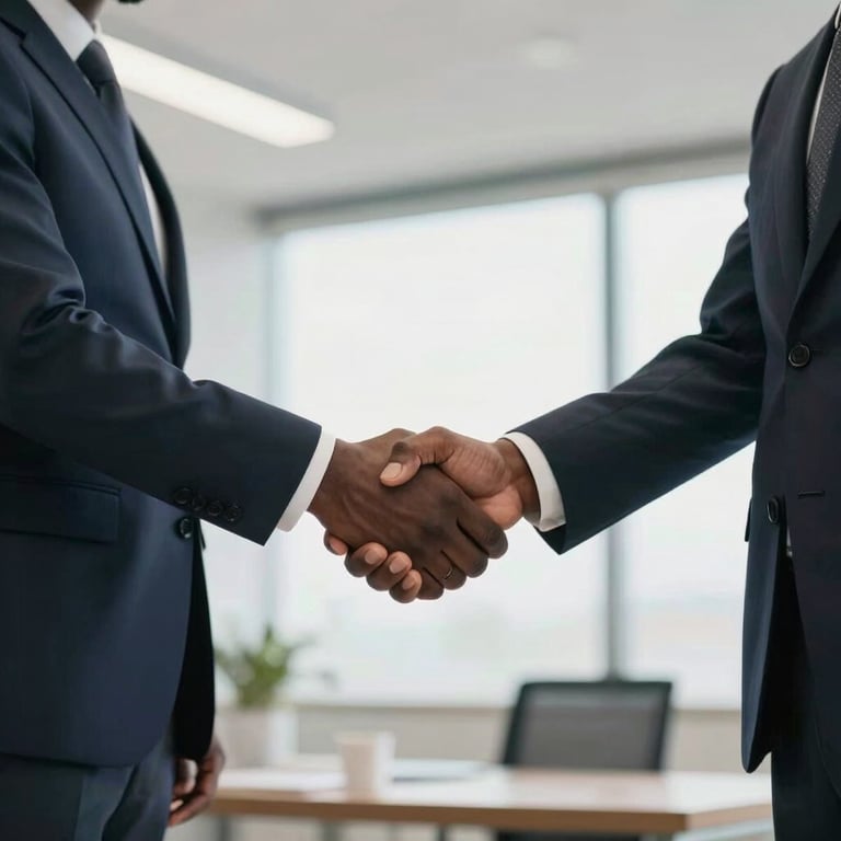 A professional handshake between two business partners in a bright, modern setting in Sub-Saharan Africa, illustrating successful engagement.