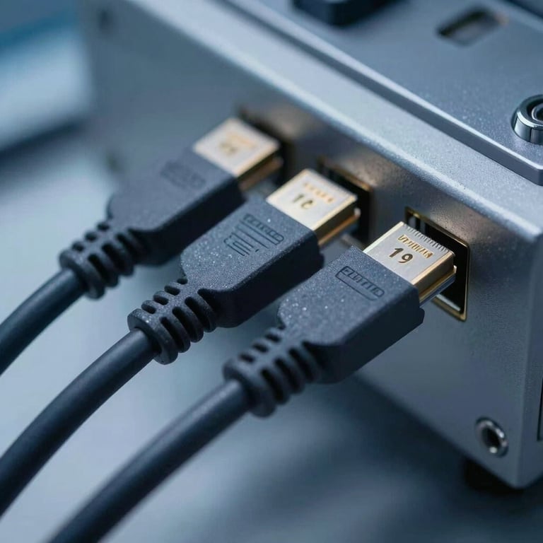 A close-up of high-speed data cables in a clean room, soft blue lighting reflecting off metallic charcoal gray surfaces.