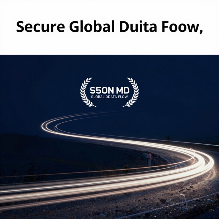 An abstract photograph of light trails on a dark navy blue background representing secure global data flow.