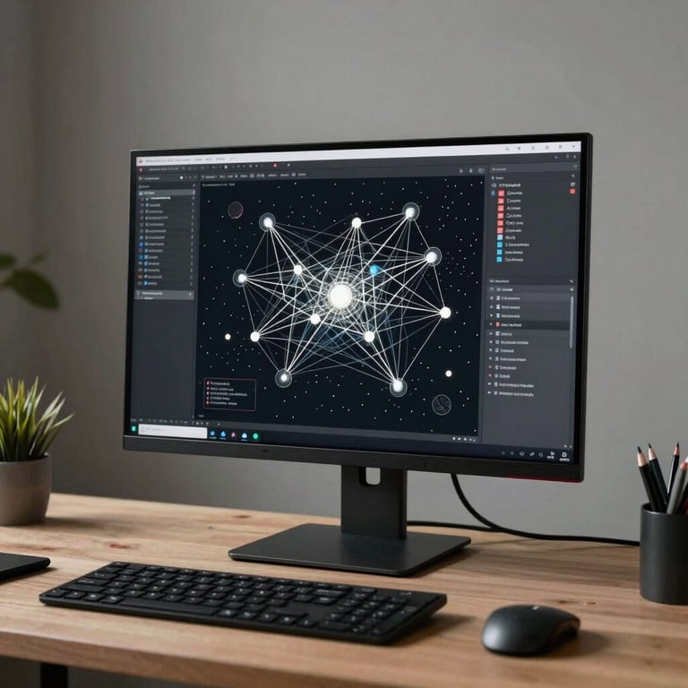 A professional B2B setting with a minimalist workstation featuring a single high-end monitor displaying a complex network map.