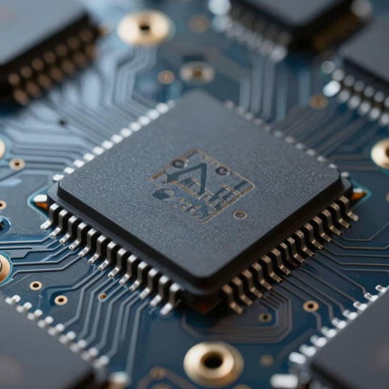 A macro shot of a security encryption chip on a circuit board, with soft blue highlights and charcoal gray shadows.