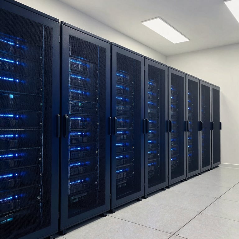 A wide shot of a modern data center with glowing deep navy blue server racks in a clean, off-white walled environment.