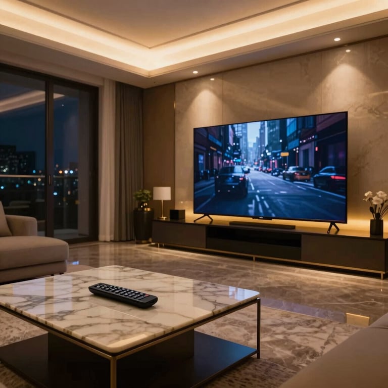 Cinematic wide shot of a dimly lit luxury penthouse living room at night, a massive high-end television displaying deep colors, warm golden ambient backlighting reflecting on a marble coffee table with a sleek black remote control, clean composition, negative space on the left.