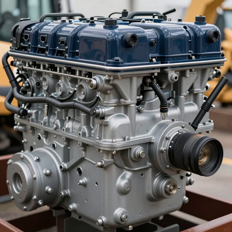 Close up of a professional heavy machinery engine detail, Silver Grey and Dark Charcoal Blue metal, perfectly maintained.