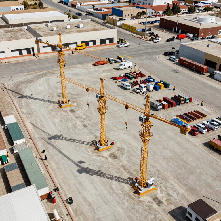 Aerial view of a transport yard in Cordoba with several mobile cranes in formation, structured layout, Soft Off-White concrete, daylight.