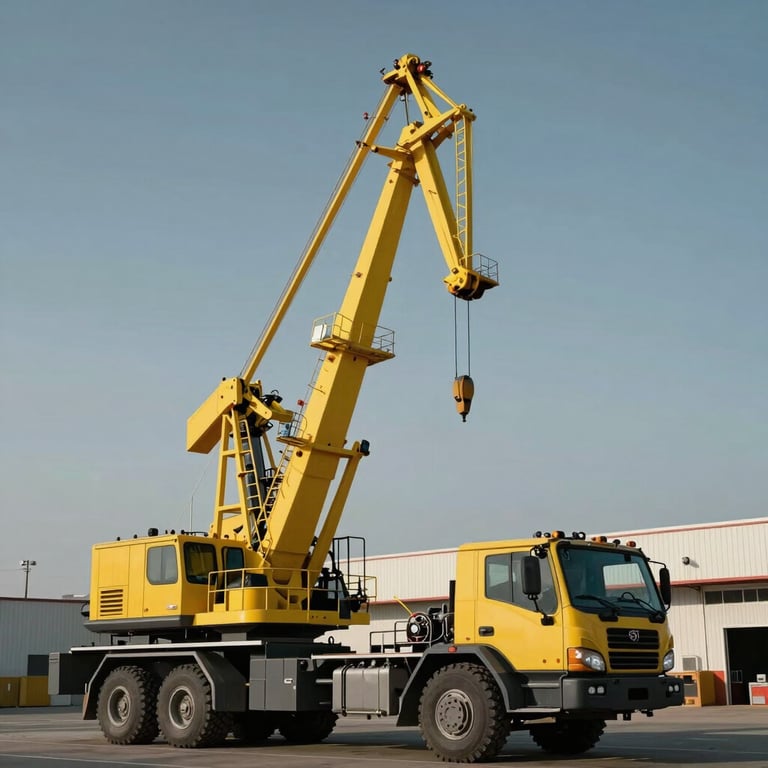 Large yellow mobile crane parked in a Cordoba logistics hub, professional photography, Steel Blue Grey sky, sharp industrial details.
