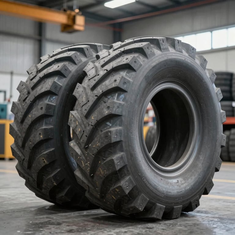 New heavy-duty specialized tires for cranes stacked in a clean warehouse, professional lighting, Silver Grey textures.
