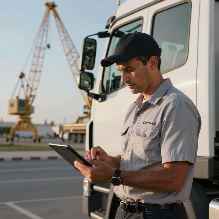 A professional truck driver in a clean uniform holding a digital tablet for data entry, standing next to a crane, Cordoba landscape background.