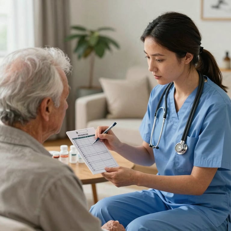 A professional caregiver checking a medication schedule for a senior in a serene North American / US home environment.