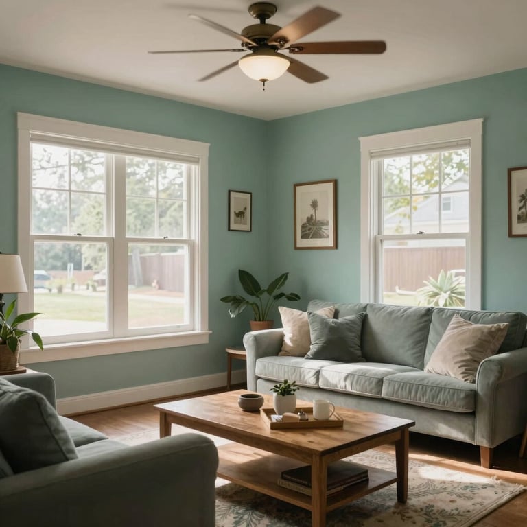 A peaceful, sun-drenched North American / US residential interior with Muted Sea Green accents, symbolizing a safe and cared-for home.